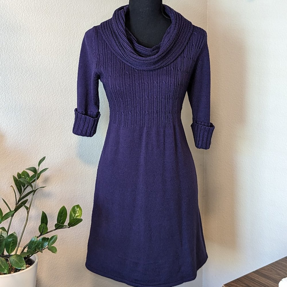 Takeout Brand Size L Purple Knit 3/4 Sleeve Cowlneck Sweater Dress
